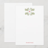 グリーンが添えられた水彩モノグラムのホリデーカード ノートカード (正面/裏面)