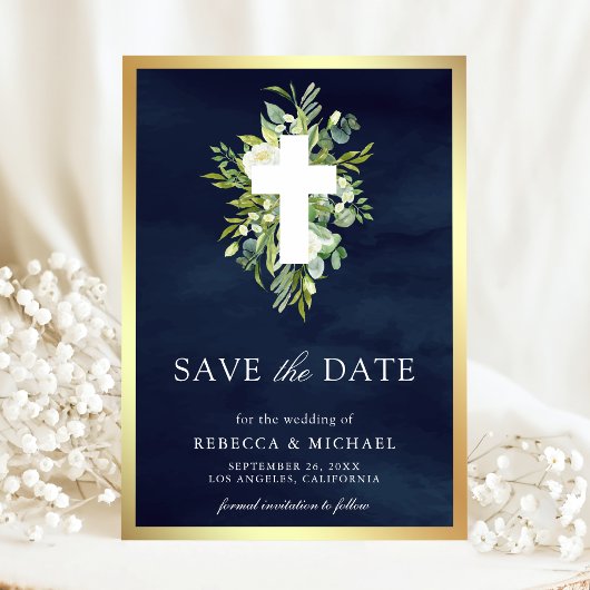グリーンが美しいカトリックのネイビーブルーの結婚式Save The Date セーブザデート