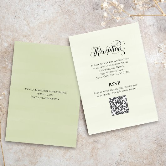 グリーンが美しいカリグラフィーのウエディングQRコードデザイン Reception Elegant エンクロージャーカード