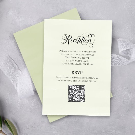 グリーンが美しいカリグラフィーのウエディングQRコードデザイン Reception Elegant エンクロージャーカード