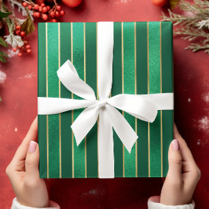 グリーンきらめくサテンクリストライプのスマス ラッピングペーパー