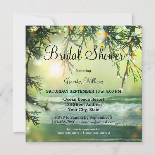 グリーンきらめくライトビーチブライダルシャワー招待状 招待状 (正面)