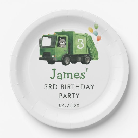 グリーンごみ収集車 誕生日ウェルカムサイン ペーパープレート (正面)