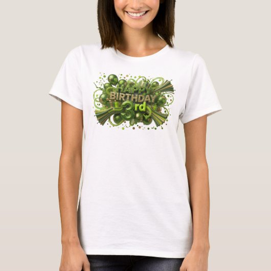 グリーンでステートメントなHAPPY+BIRTHDAY+3RDプリント Tシャツ (正面)