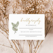 グリーンとお洒落金ゴールドパインコーンウェディングRSVP 出欠カード