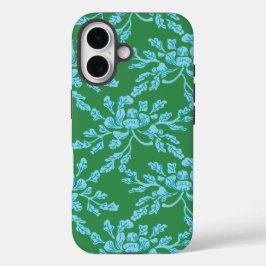 グリーンとアクアブルーの芍薬の木版画 iPhone 16ケース