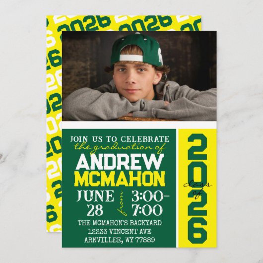 グリーンとイエローモダンの卒業写真招待状 招待状 (正面/裏面)