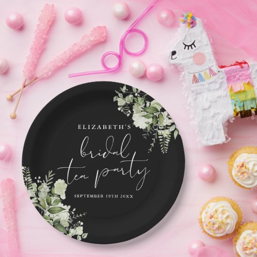グリーンとエレガントなブラック＆ホワイトのウェディング ティーパーティー ペーパープレート (パーティー)