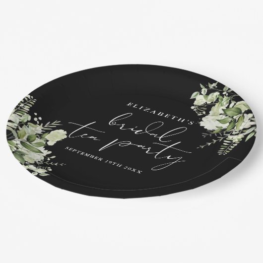 グリーンとエレガントなブラック＆ホワイトのウェディング ティーパーティー ペーパープレート (アングル)