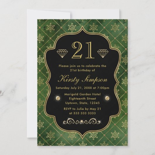 グリーンとエレガント金ゴールドウィンタースノーフレーク誕生日 招待状 (正面)