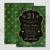 グリーンとエレガント金ゴールドウィンタースノーフレーク誕生日 招待状 (正面/裏面)
