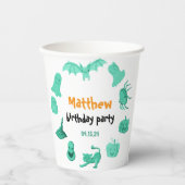 グリーンとオレンジのハロウィーンをテーマにした誕生日パーティー 紙コップ (正面)