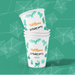 グリーンとオレンジのハロウィーンをテーマにした誕生日パーティー 紙コップ