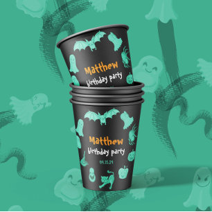グリーンとオレンジのハロウィーンをテーマにした誕生日パーティー 紙コップ