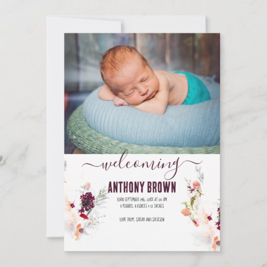 グリーンとオレンジの水色ベビー発表 招待状 (正面)