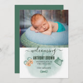 グリーンとオレンジの水色ベビー発表 招待状 (正面/裏面)