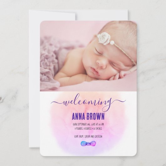 グリーンとオレンジの水色ベビー発表 招待状 (正面)