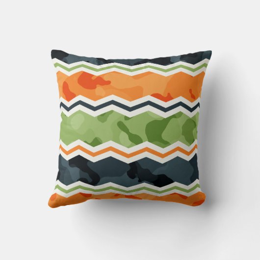 グリーンとオレンジの迷彩柄シェブロンストライプ クッション (裏面)