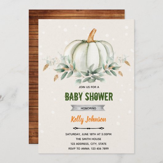 グリーンとカボチャのシャワー誕生日招待状 招待状 (正面/裏面)