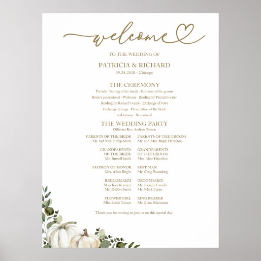 グリーンとカボチャの秋の結婚式プログラム看板 ポスター (正面)