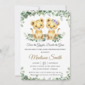 グリーンとキュートなライオンの双子ちゃん 男の子 女の子 ベビーシャワー 招待状 (正面)