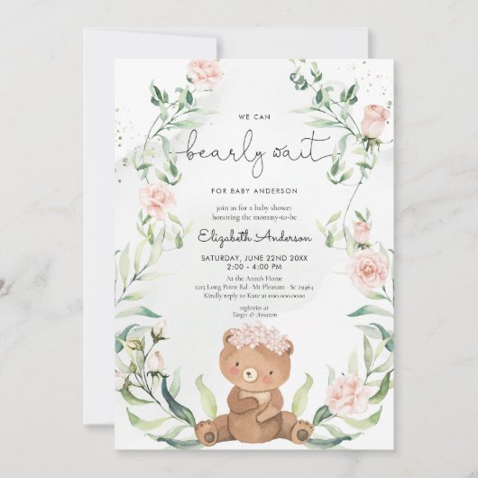 グリーンとクマのほっぺのピンクの花の女の子の赤ちゃんシャワー 招待状 (正面)