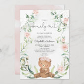 グリーンとクマのほっぺのピンクの花の女の子の赤ちゃんシャワー 招待状 (正面/裏面)