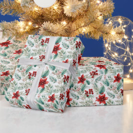 グリーンとクリスマスの花 ポインセチア ラッピングペーパー