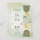 グリーンとクリームの花柄ウォーターカラー 招待状 (正面/裏面)