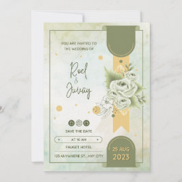 グリーンとクリームの花柄ウォーターカラー 招待状