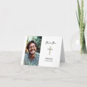 グリーンとクロスの肖像写真 小さく折りたたまれた葬儀 サンキューカード (正面)