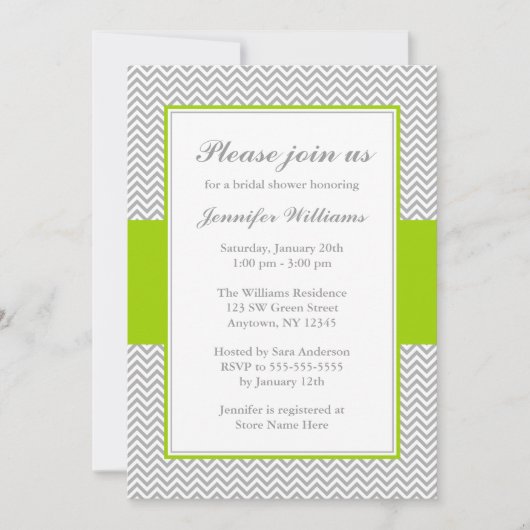 グリーンとグレーのシェブロン ブライダルシャワー 招待状 (正面)