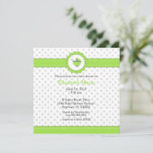 グリーンとグレーの水玉模様のベビーシャワー 招待状 (スタンド正面)