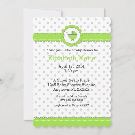 グリーンとグレーの水玉模様 - ベビーシャワー 招待状 (正面)