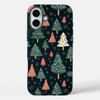 グリーンとコーラルのクリスマスツリーパターン iPhone 16 PLUSケース