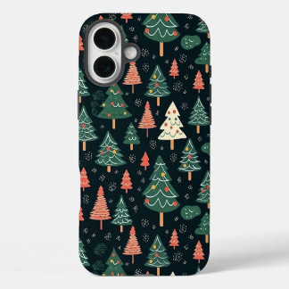 グリーンとコーラルのクリスマスツリーパターン iPhone 16 PLUSケース