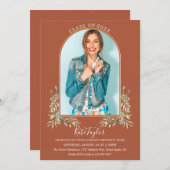 グリーンとゴールドのアーチ テラコッタ フォト 卒業式招待状 招待状 (正面/裏面)