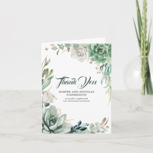 グリーンとゴールドのウェディング お礼 サンキューカード (正面)