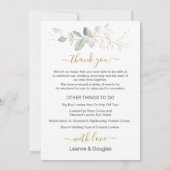 グリーンとゴールドのウェディング ウィークエンドの予定 招待状 (裏面)