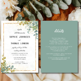 グリーンとゴールドのオールインワン ユーカリ水彩画 招待状