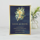 グリーンとゴールドのカトリック式ネイビーブルーの結婚式 セーブザデート (スタンド正面)