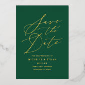 グリーンとゴールドのカリグラフィー写真Save the Date 箔招待状 (正面)