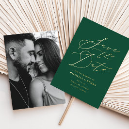 グリーンとゴールドのカリグラフィー写真Save the Date 箔招待状