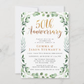グリーンとゴールドのカリグラフィー 50周年結婚記念日 招待状 (正面)