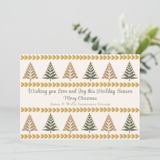 グリーンとゴールドのクリスマスツリー ホリデーグリーティング シーズンカード (スタンド正面)