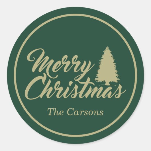 グリーンとゴールドのクリスマスツリー ラウンドシール (正面)