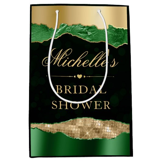 グリーンとゴールドのグラマラスな涙のぼかし ブライズシャワー ミディアムペーパーバッグ (正面)