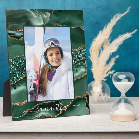 グリーンとゴールドのグリッターアゲート エレガントネーム フォト フォトプラーク (側面)