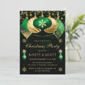 グリーンとゴールドのグリッター バブル クリスマスパーティー 招待状 (スタンド正面)