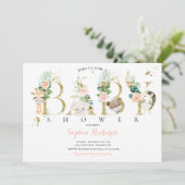 グリーンとゴールドのサファリ動物ベイビーシャワー 招待状 (スタンド正面)